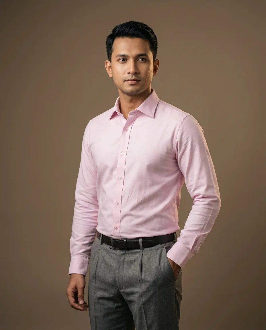 Rose Pink Shirt worn — pink, taupe backdrop